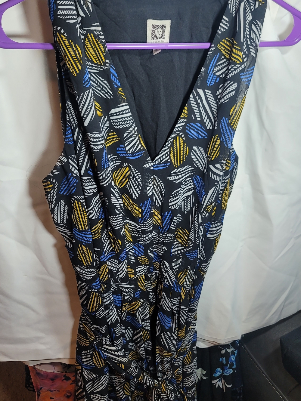 Anne Klein - Black Midi Dress with Blue, White & Yellow Leaf Print